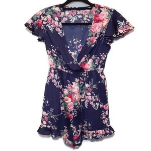 🧡 SHEIN Floral Faux Wrap Romper Vneck Flutter Sleeve Ruffled Summer
